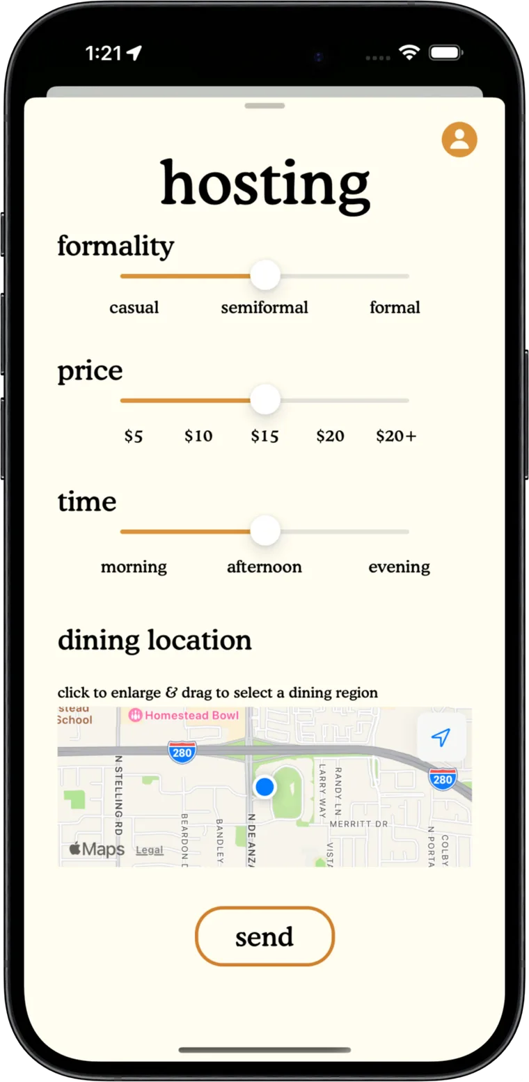 The Appetize hosting screen with formality, price, and time sliders above a map
