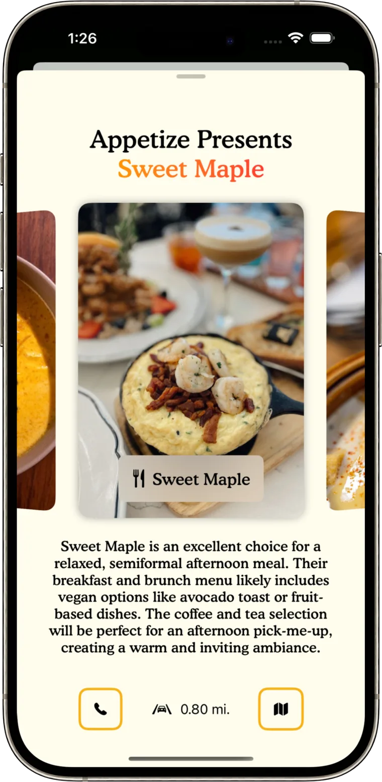 The Appetize result screen presenting a chosen restaurant with call and map buttons