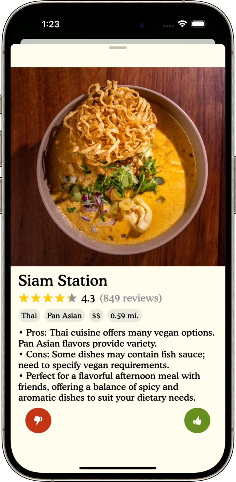 An Appetize restaurant card showing a dish photo, rating, tags, and pros and cons